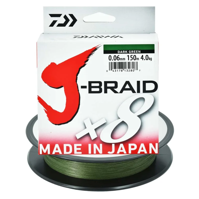 Wysoka jakość Plecionka spinningowa Daiwa J-Braid X8 ciemnozielona 0.06mm 150m