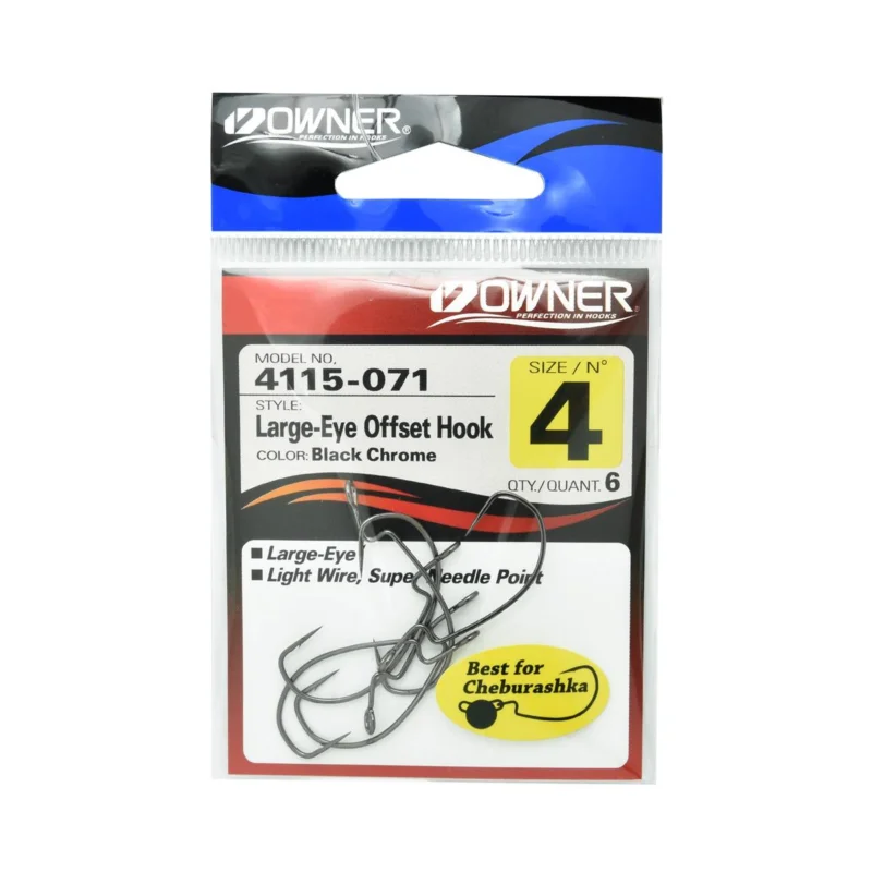 Haczyki spinningowe Owner Large Eye Offset 4115 rozmiar 4 czarne 6 sztuk Szybka wysyłka
