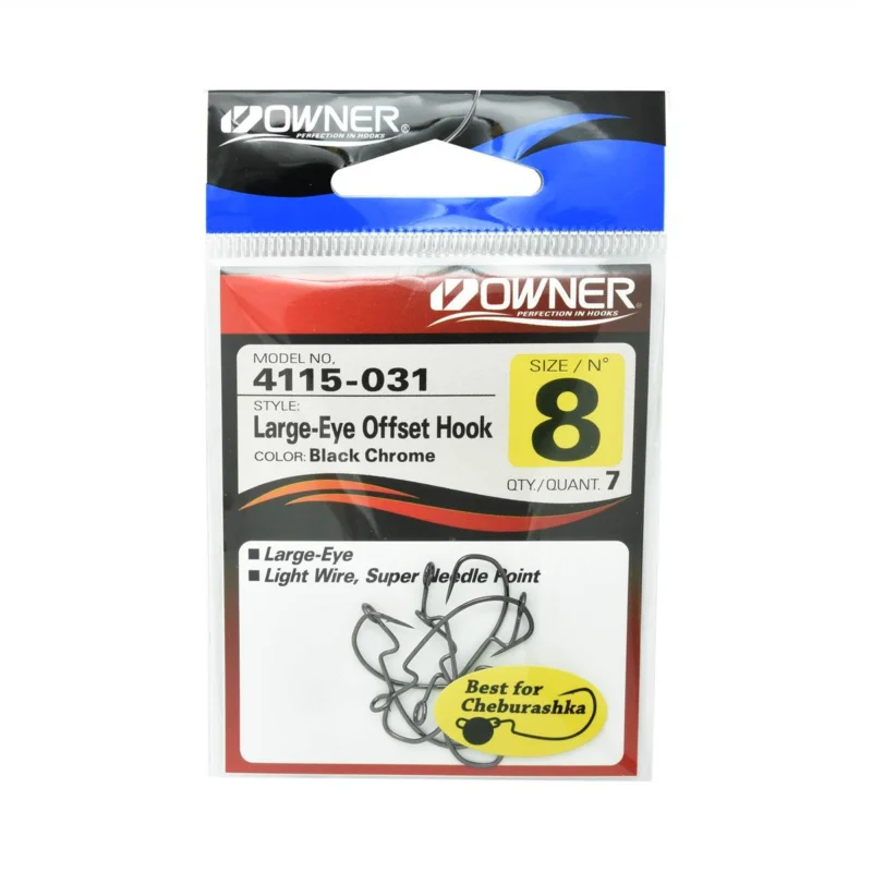 Haczyki spinningowe Owner Large Eye Offset 4115 rozmiar 8 czarne 7 sztuk Bezpieczne zakupy